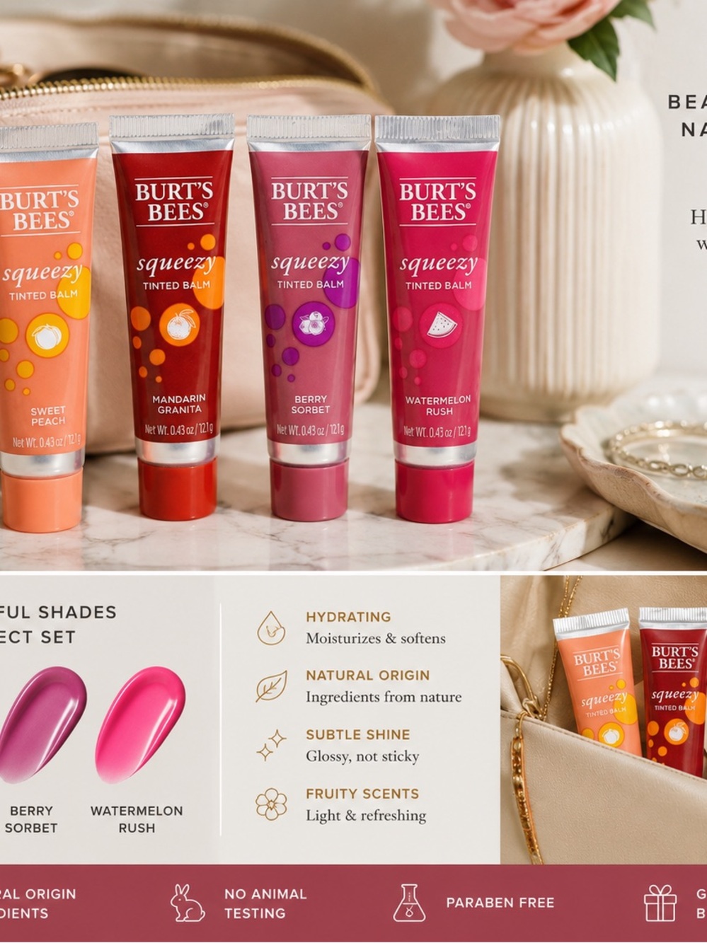 Burt’s Bees Squeezy Tinted Balm Set of 4 Hydrating Lip Balm Gloss Collection